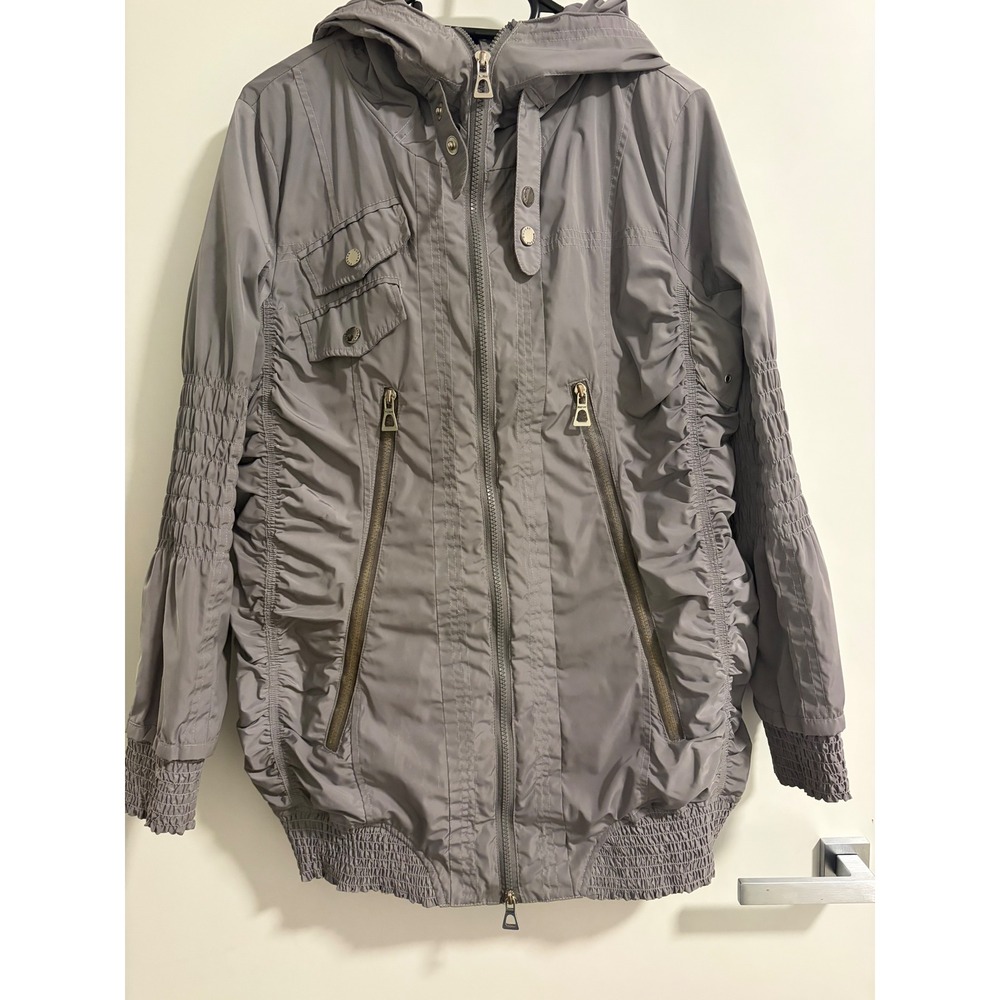 Rudsak Sporty Jacket WAT Grey Nylon Ruched Hooded Windbreaker Small
